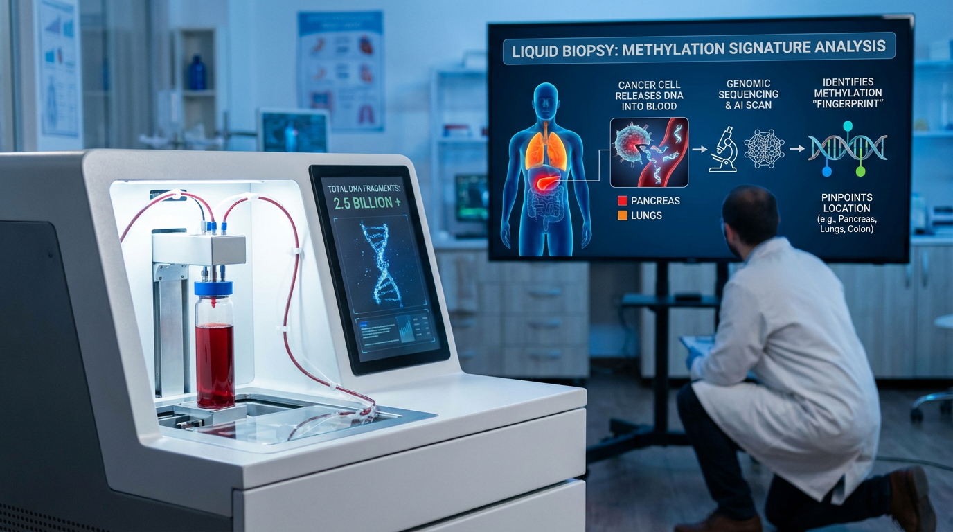 3D visualization of DNA fragments in the bloodstream used for cancer detection.