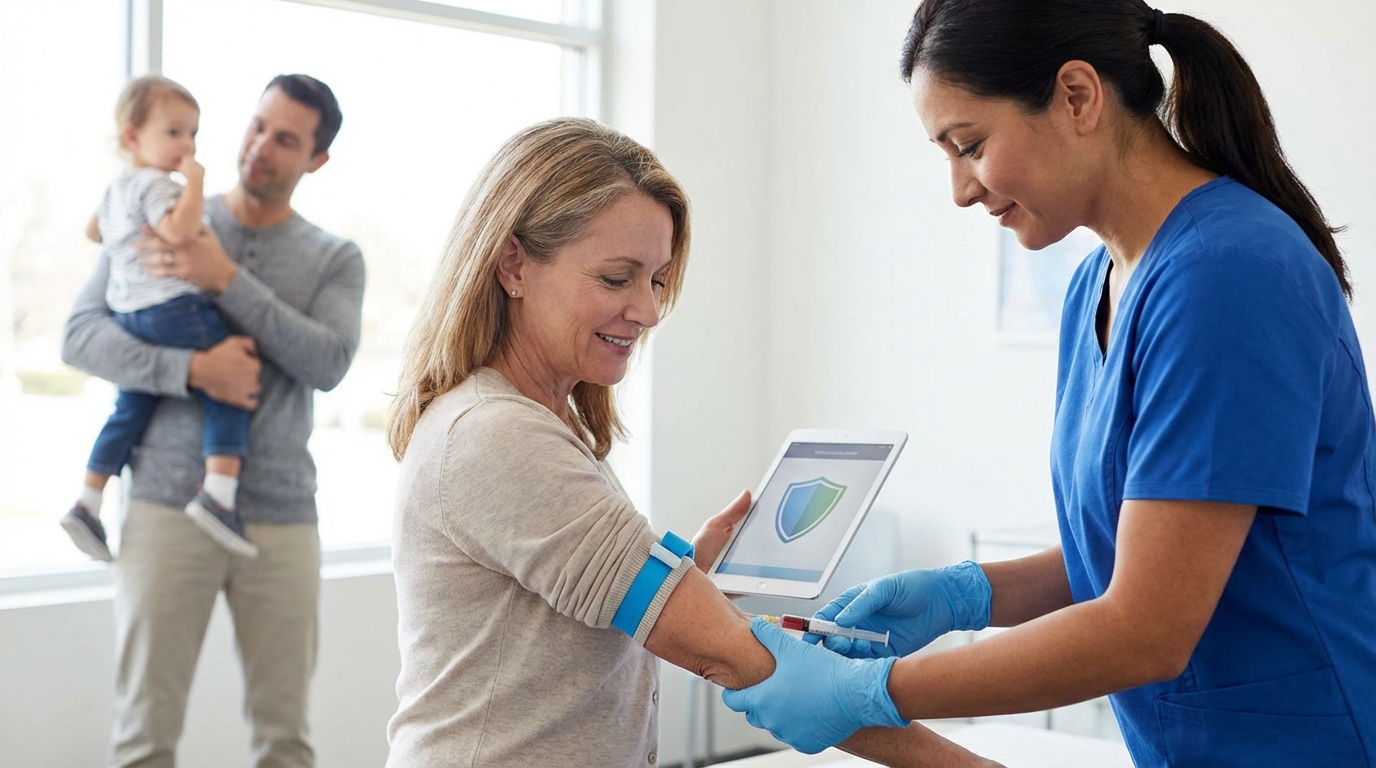 A doctor explaining medical results to a family in a reassuring clinical environment.