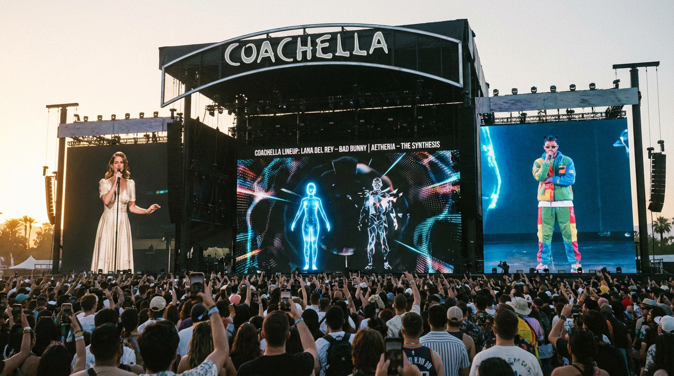 A close-up of a highly detailed AI virtual artist with digital patterns on their skin performing at a music festival.