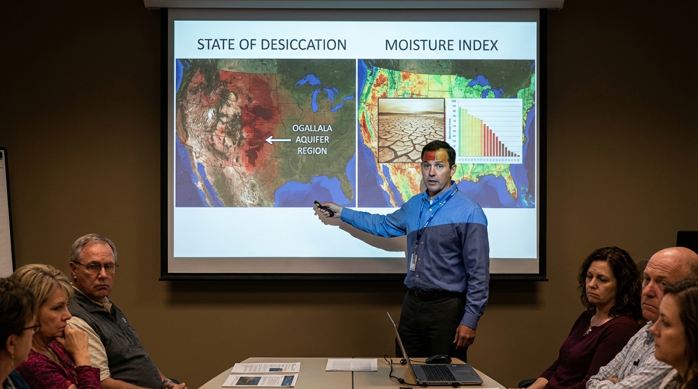 A professional digital map showing extreme drought intensity levels across the Great Plains states.