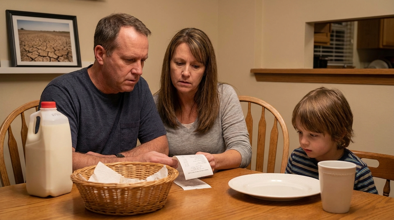 Close-up of a farmer's hands holding dry dust over a barren agricultural field.