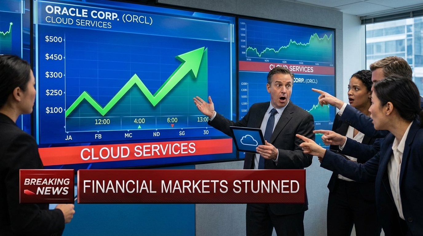 A futuristic data center with glowing blue lights and a rising stock market holographic graph.