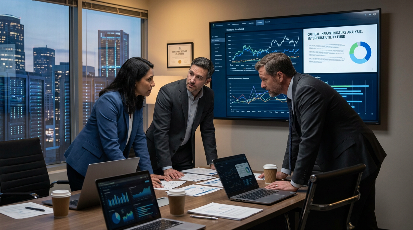An executive looking at growth metrics on a tablet in a modern glass office.