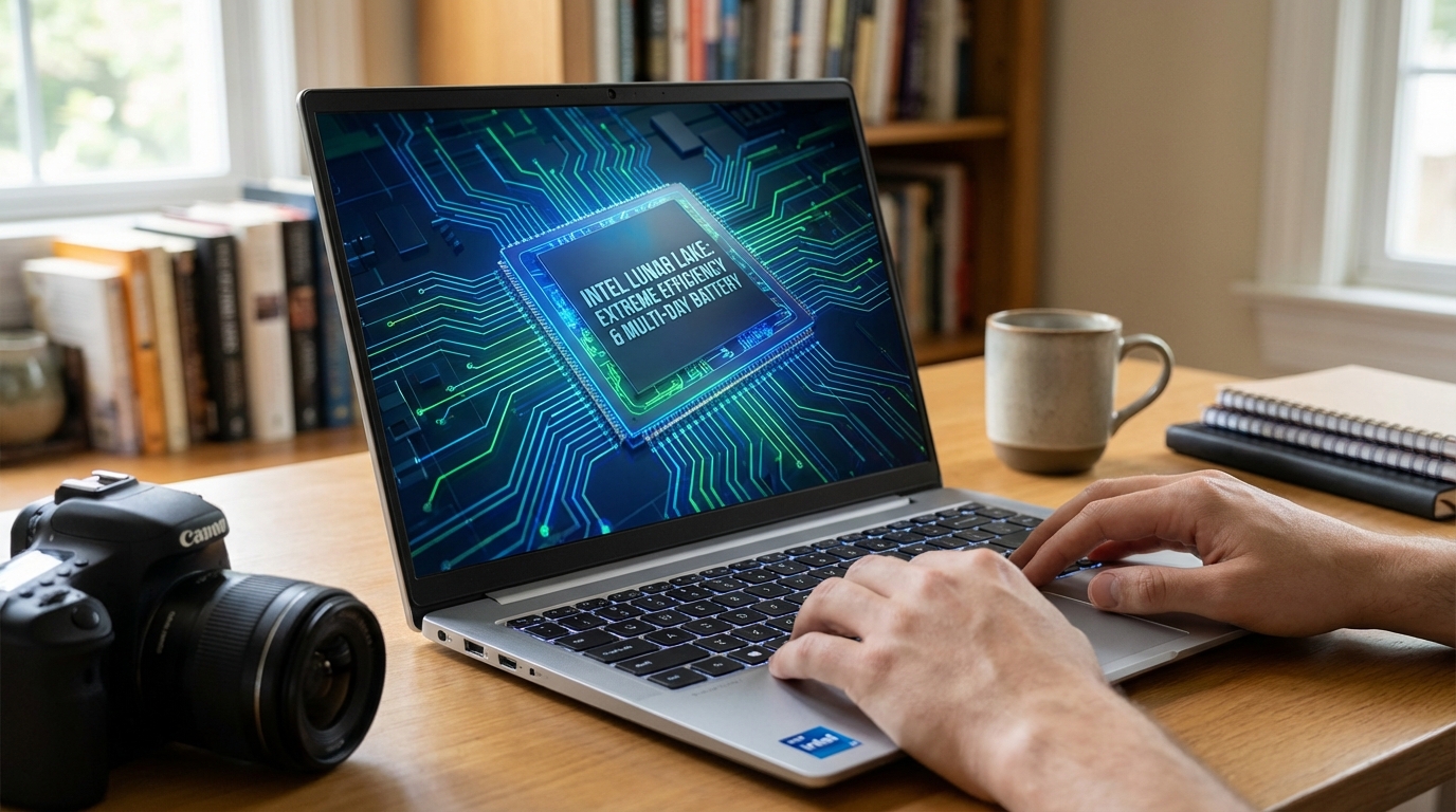 Sleek modern laptop on a wooden table displaying glowing energy circuits on screen.