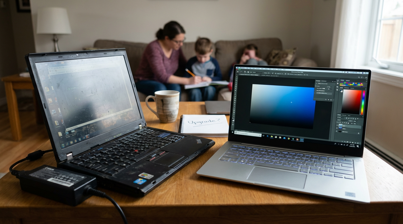A woman working on a lightweight laptop in a cozy home environment with her child.