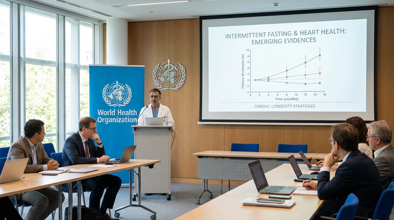 A clock and healthy food on a sunlit table representing the timing of intermittent fasting for heart health.