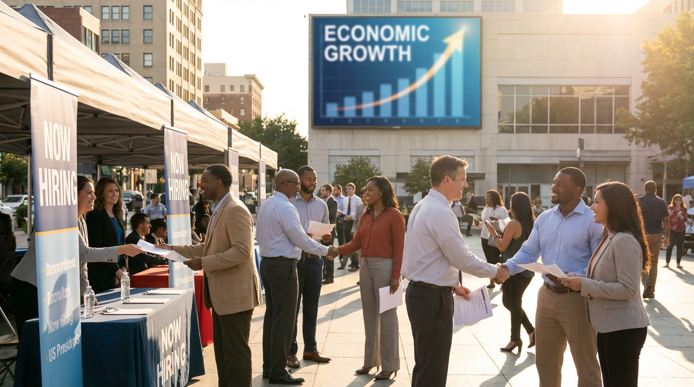 A bustling modern city center showing economic growth and a declining unemployment rate trend on a digital display.