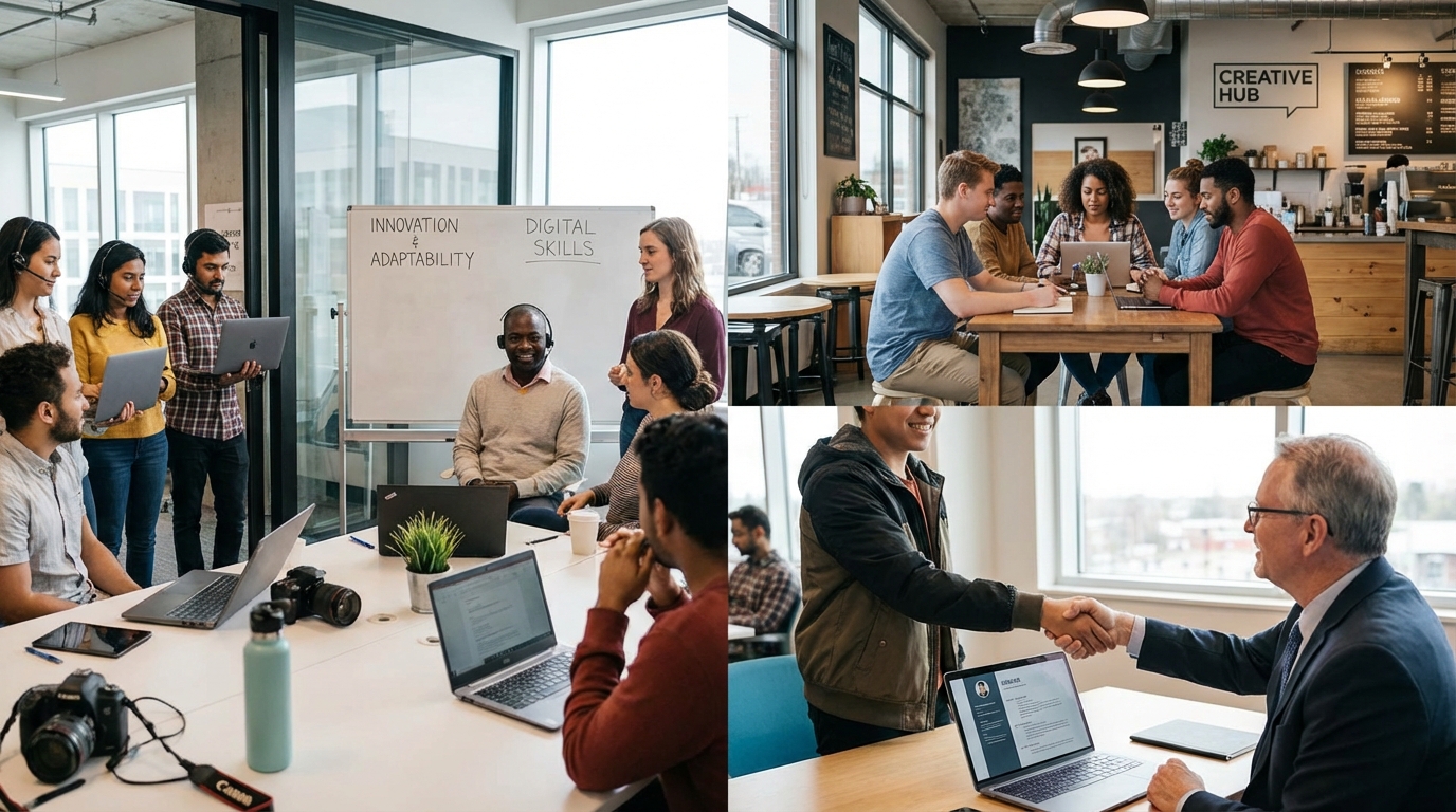 A modern office environment displaying hiring signs and successful job interviews taking place.