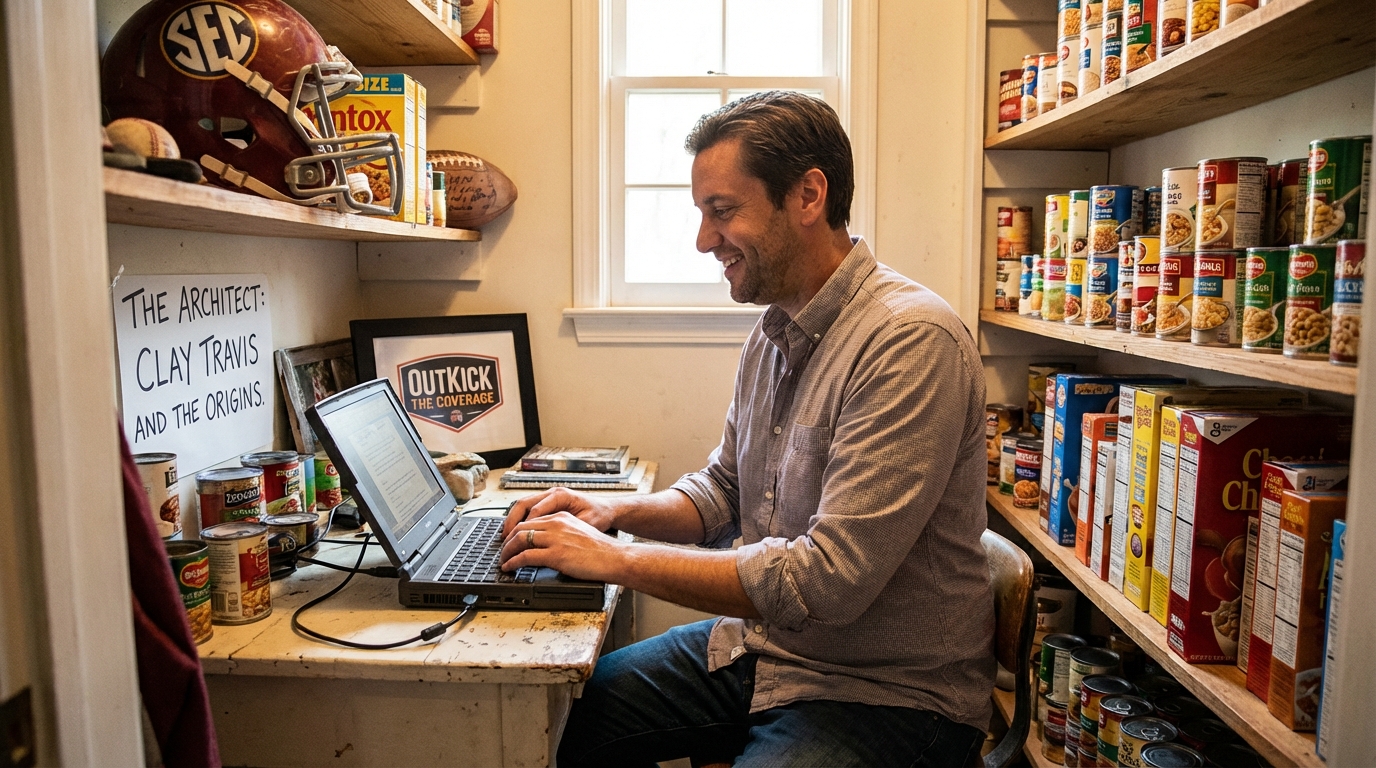 A cluttered home office desk representing the early startup days of a sports blog