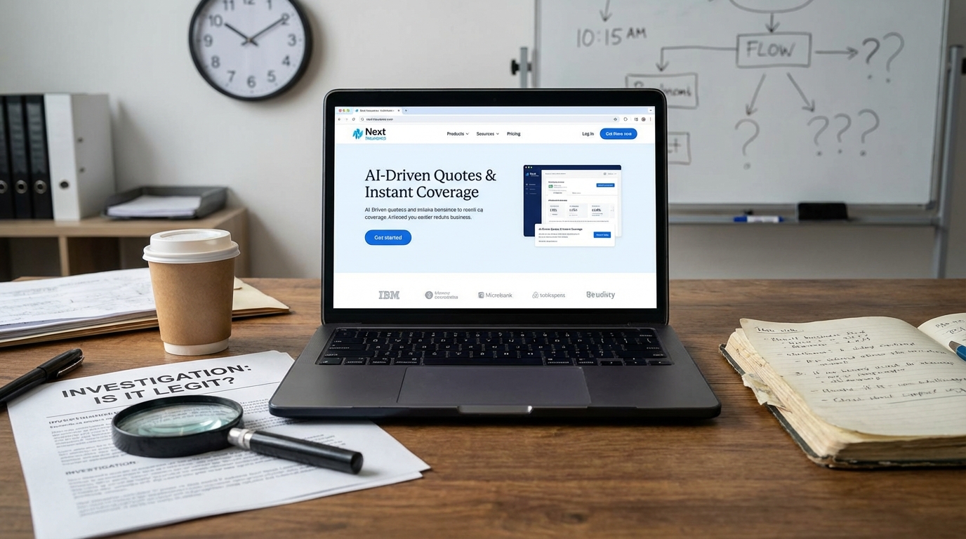 Small business owner researching Next Insurance legitimacy on a laptop