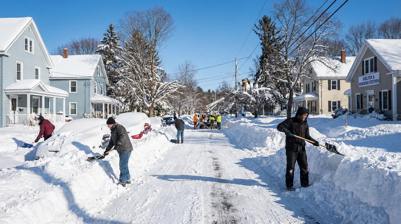 Suburban street buried in deep snow after a historic Nor'easter blizzard