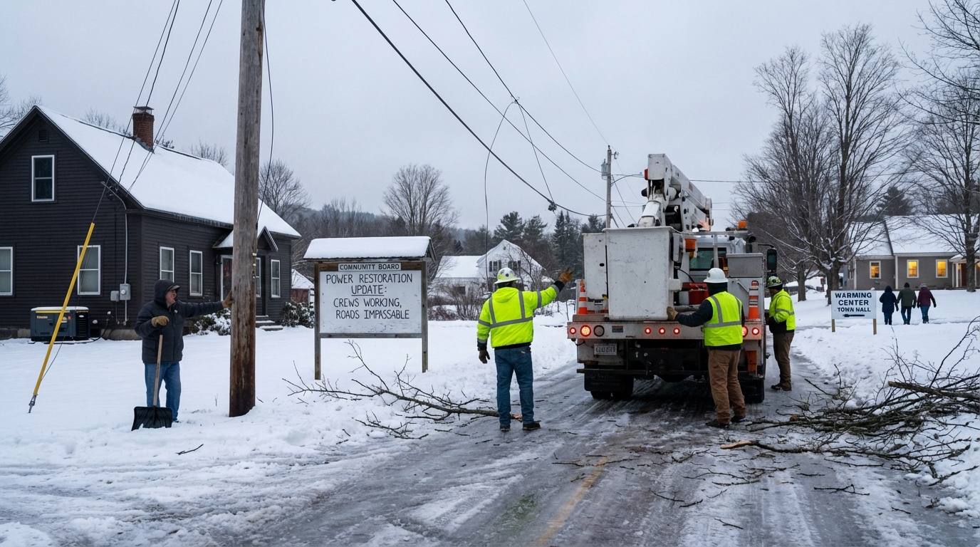Utility workers repairing downed power lines in deep snow during a blackout