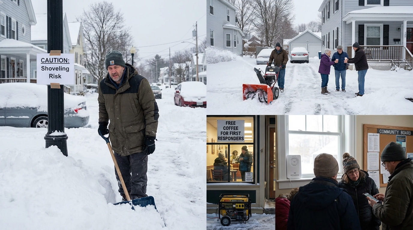 Young neighbor helping an elderly person shovel snow after a blizzard