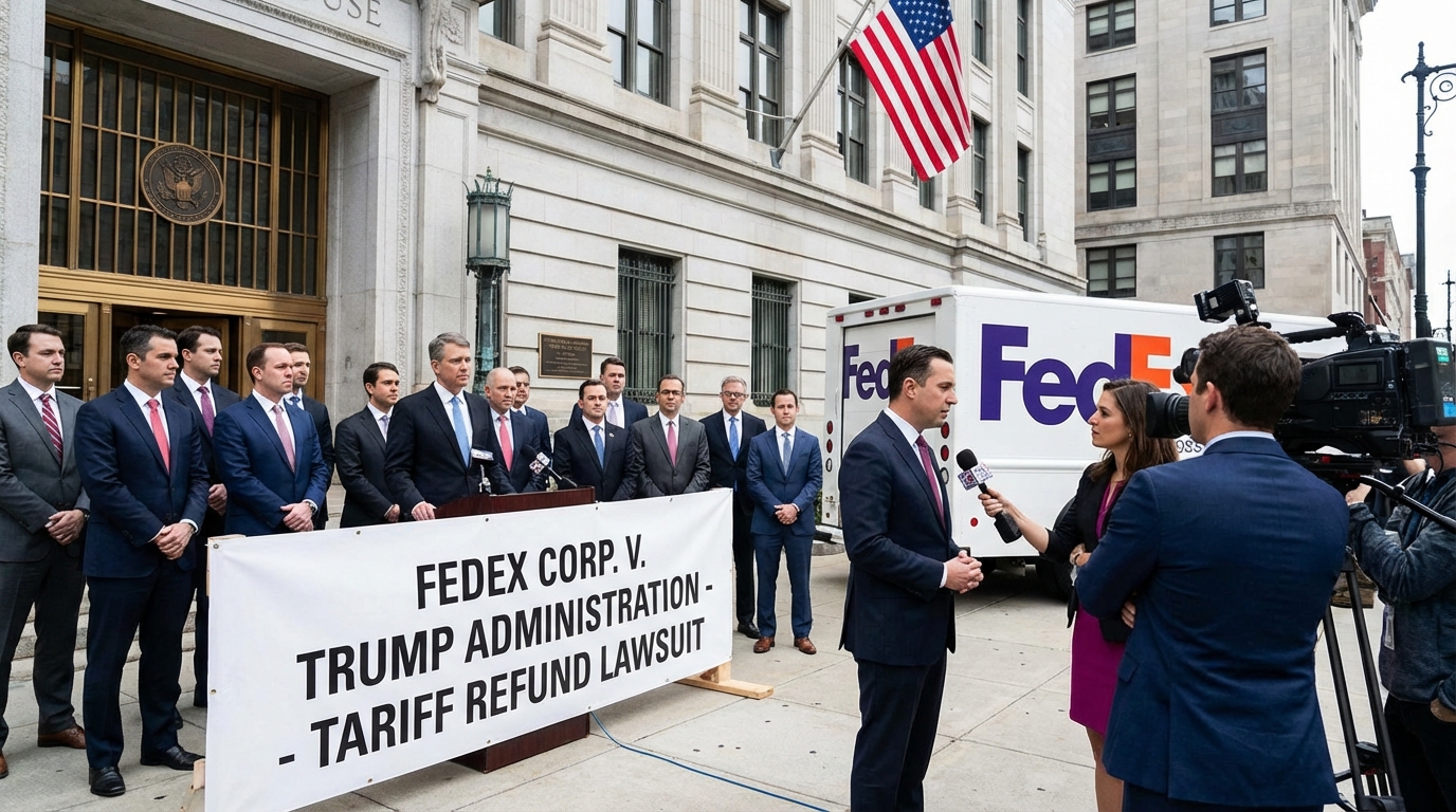 FedEx cargo plane flying over the Supreme Court building representing the lawsuit against the administration