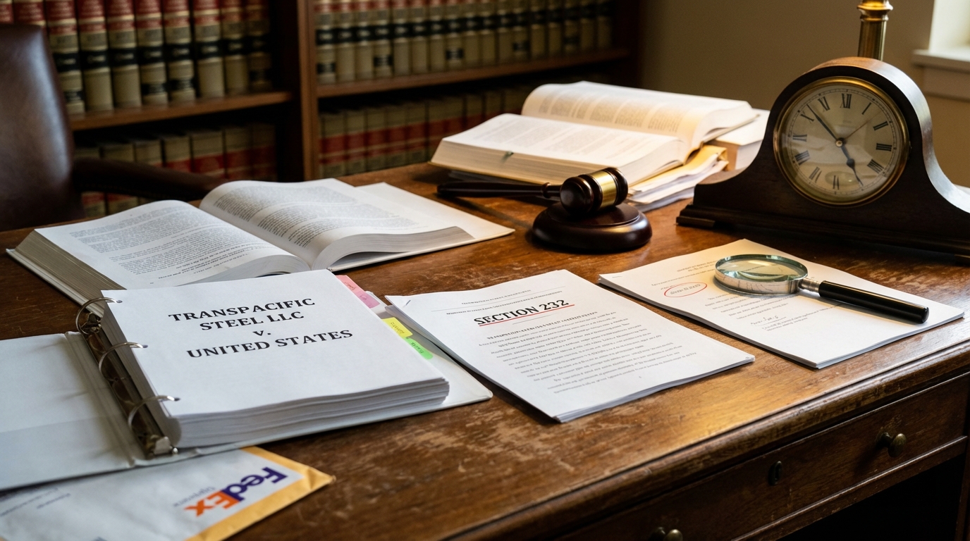 Judge gavel on legal trade documents with steel coils in the background