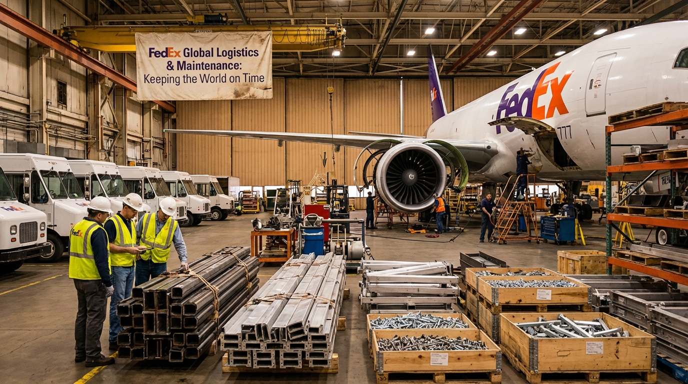 FedEx delivery truck and shipping containers at a cargo hub highlighting steel usage