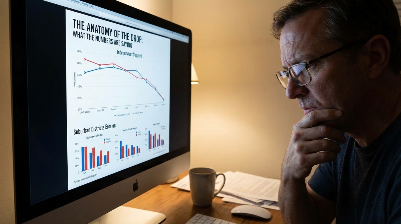 Digital tablet displaying a line graph showing a sharp decline in polling numbers