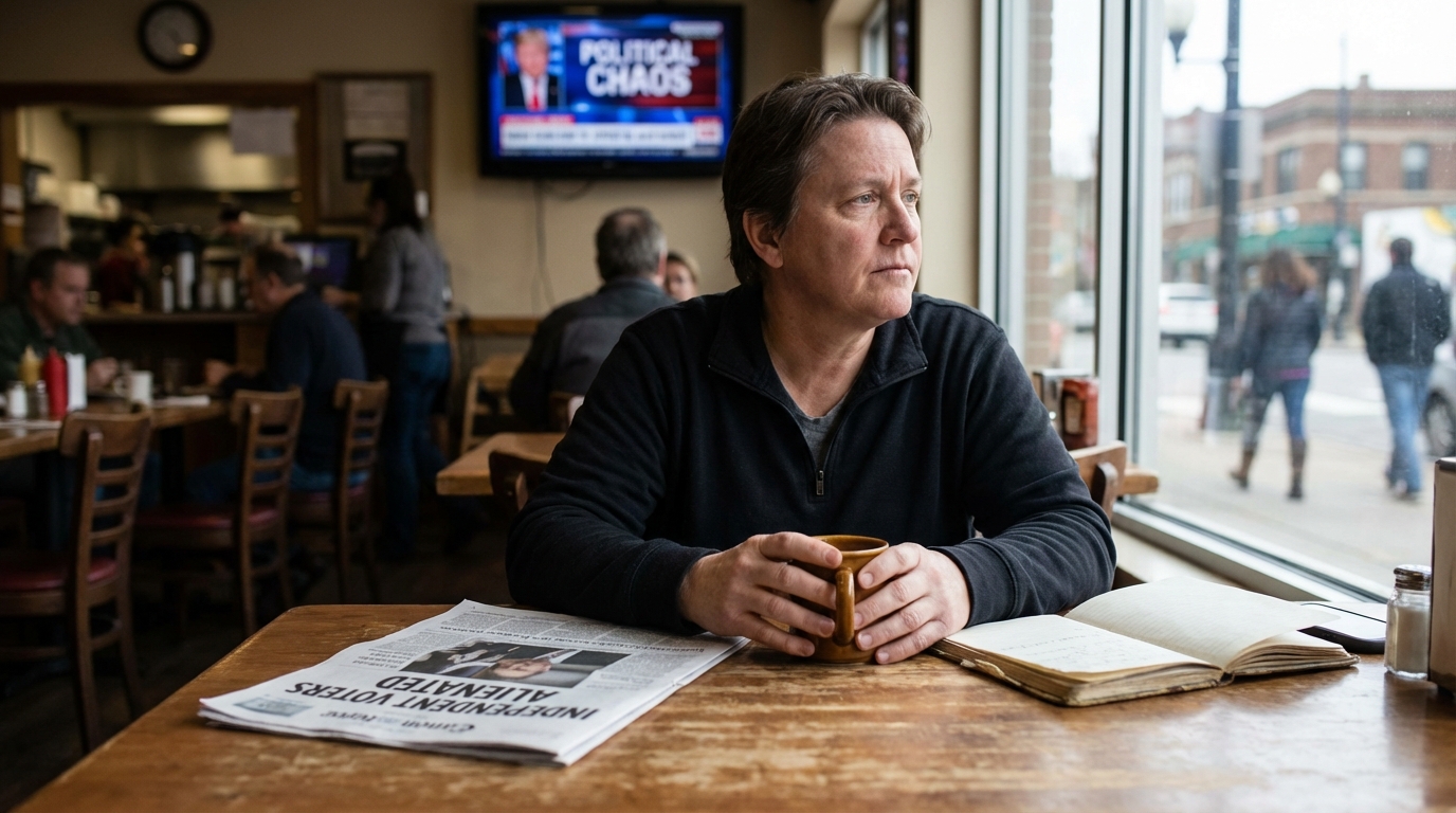 Diverse group of independent voters discussing politics in a coffee shop