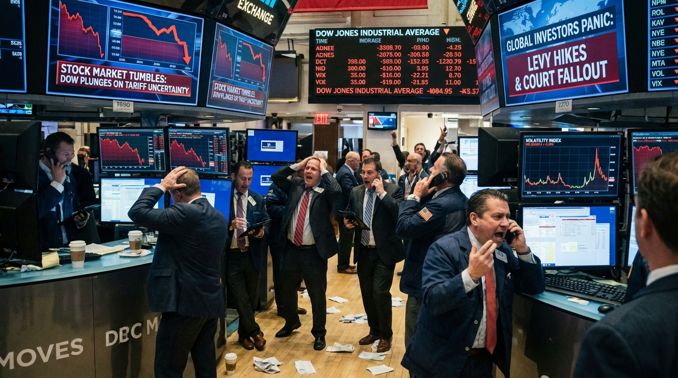 Chaos on the New York Stock Exchange floor with red tickers showing market crash