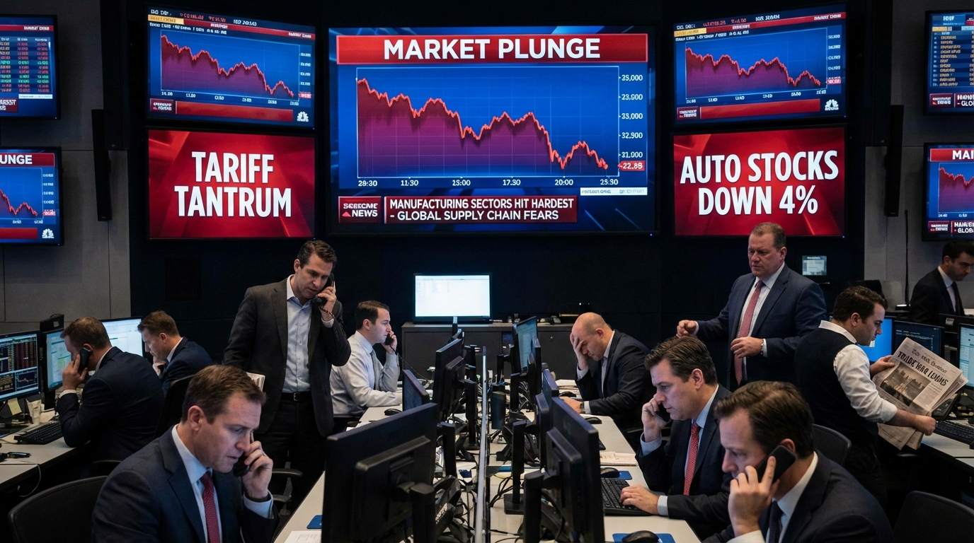 Shipping container hanging from crane symbolizing trade war and supply chain issues