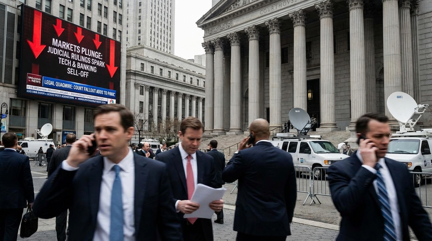 Judge's gavel on shredded financial documents representing legal fallout in the market