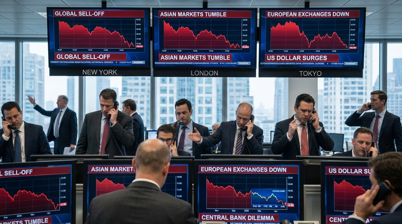 World map with glowing red data lines showing global financial distress