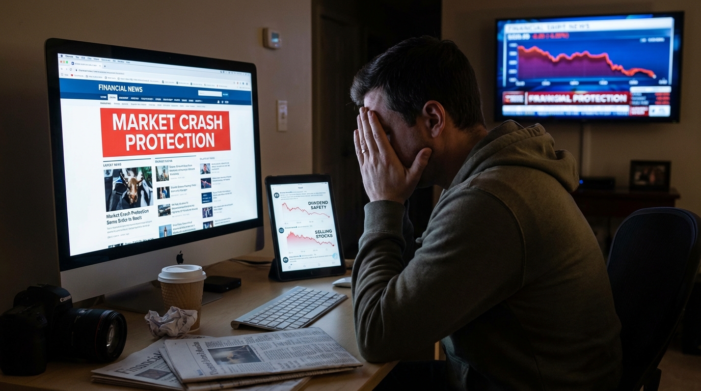 Worried investor looking at stock market losses on a tablet at night