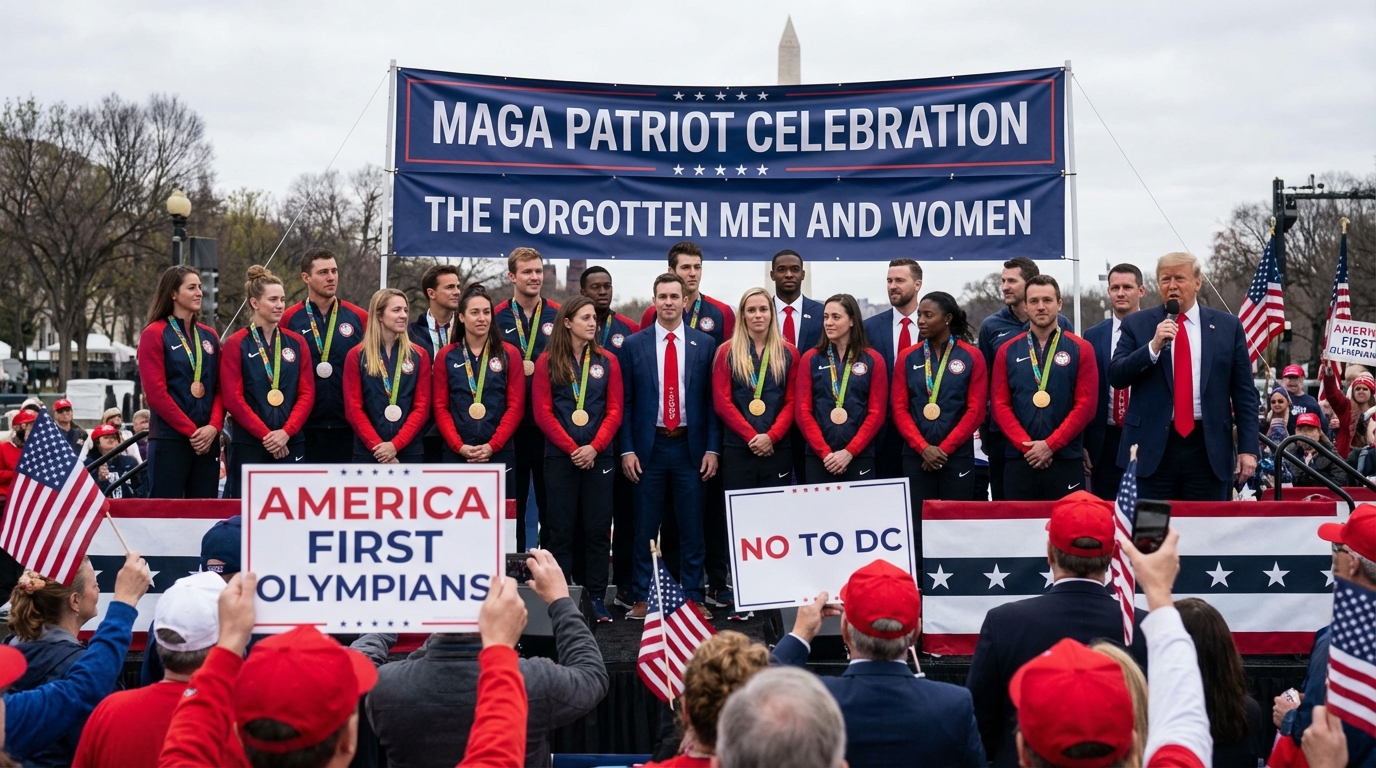 Split screen image showing a gold medal on snow versus a red tie at a political rally.