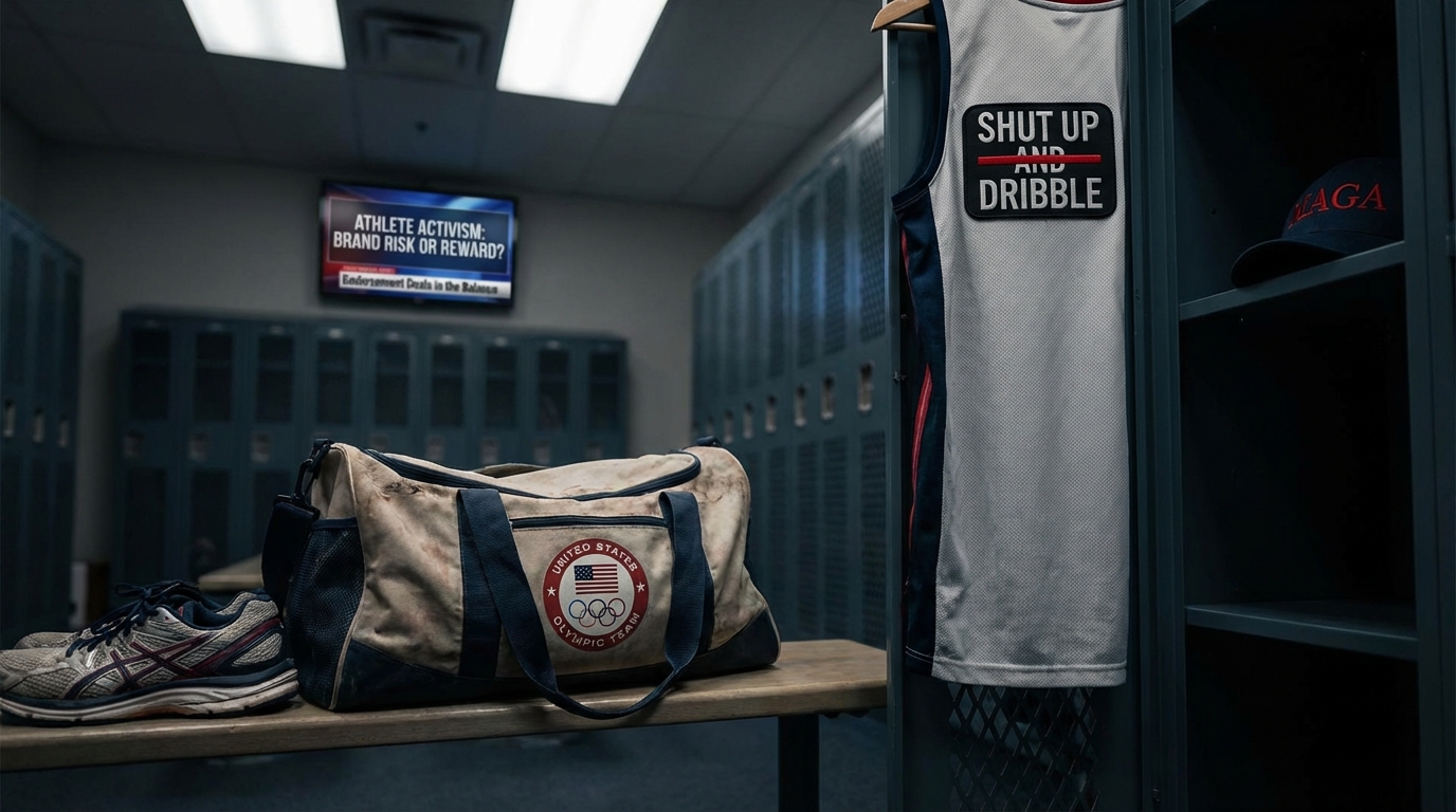 Contemplative female skier facing a wall of news microphones.
