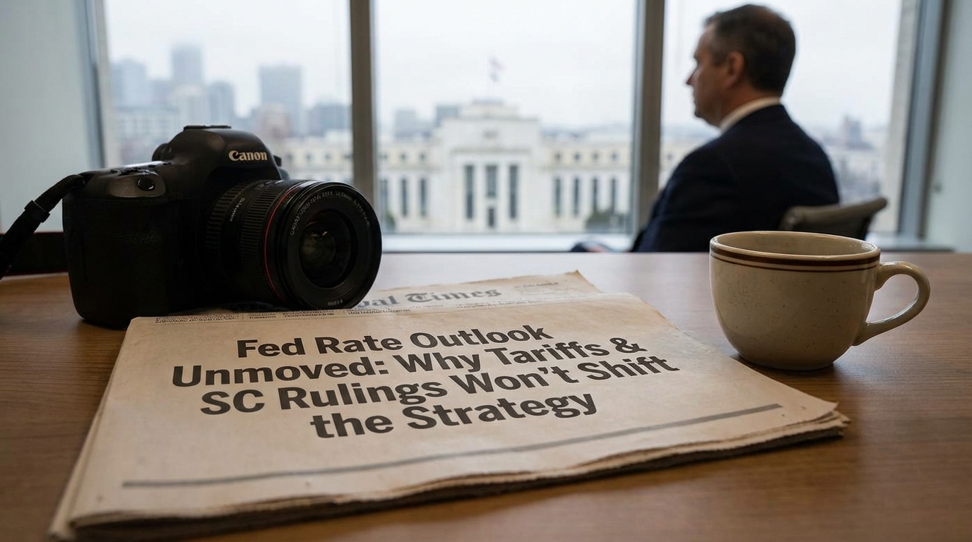 Federal Reserve building with a steady line chart overlay symbolizing unchanged interest rates.