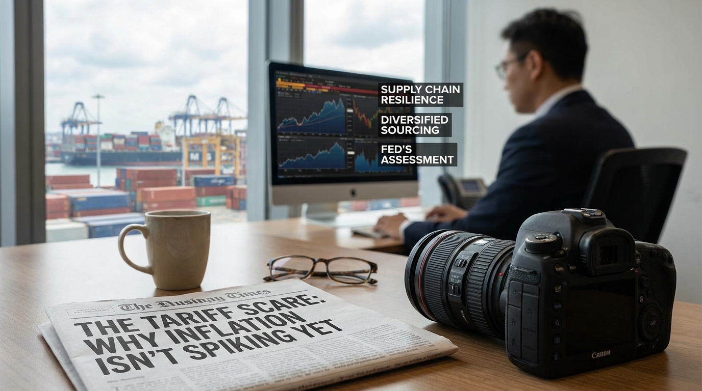 Aerial view of a shipping port with containers representing global trade and tariffs.