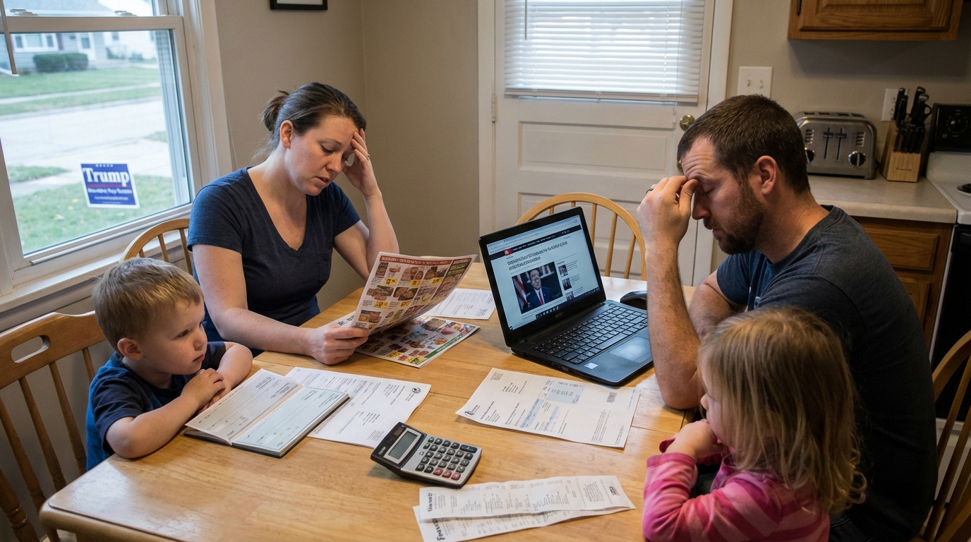 Stressed couple calculating bills at a kitchen table late at night representing the affordability crisis