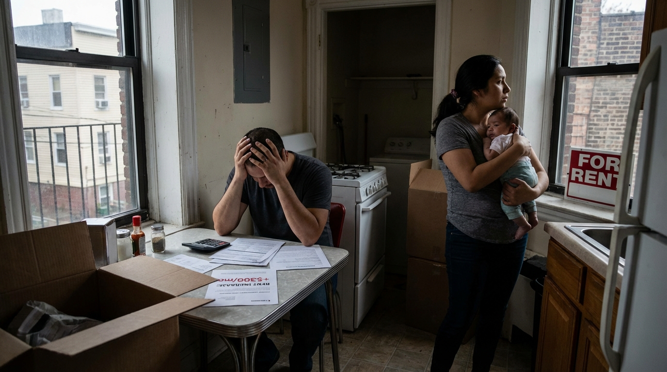 For rent sign with price increase sticker in a suburban neighborhood