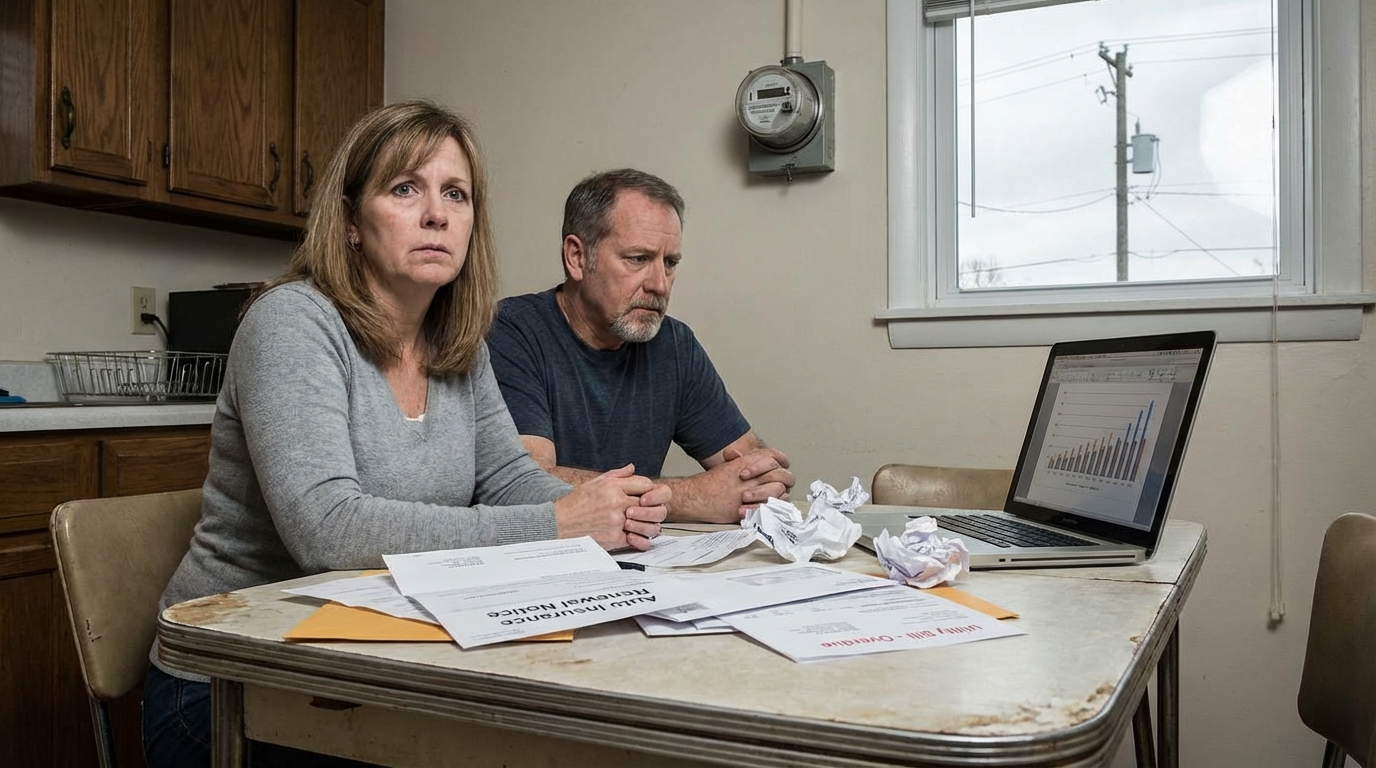 Pile of urgent utility bills and insurance notices on a desk