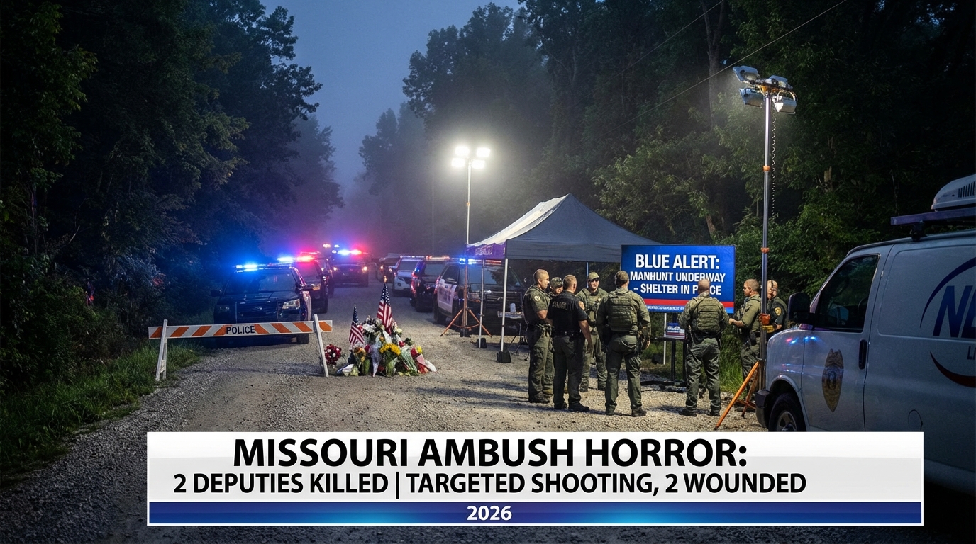 Police crime scene tape in foreground with flashing police cruiser lights in background at a rural Missouri farmhouse.