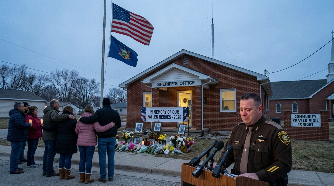 Memorial tribute with a folded American flag, a deputy sheriff's hat, and a candle.