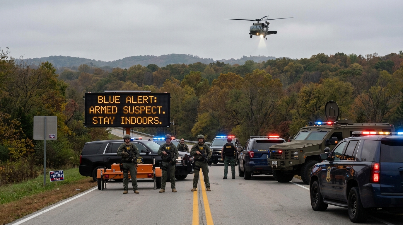Aerial view of a police manhunt at night with a helicopter searchlight illuminating a forest.