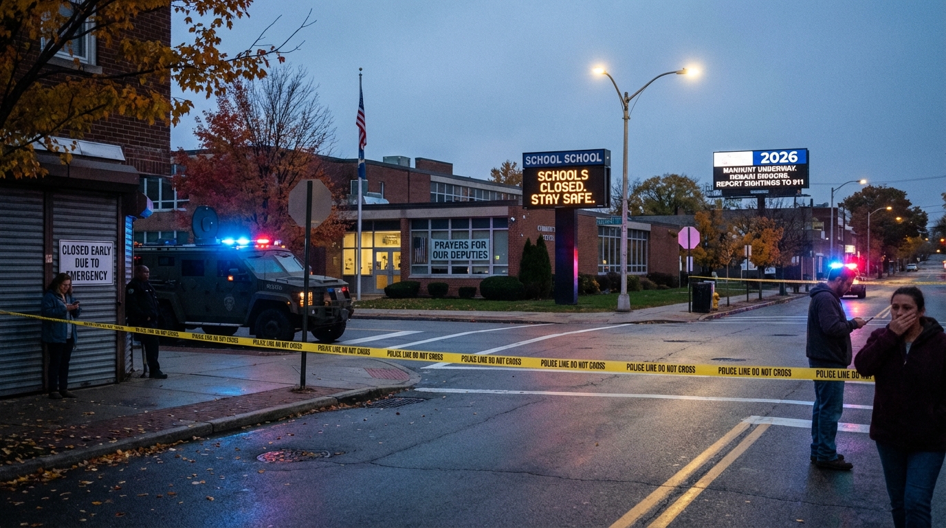 Empty small town street at twilight with a closed shop sign and distant police lights.