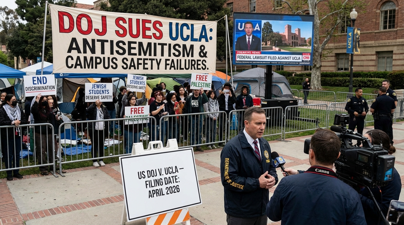Royce Hall at UCLA with barricades in the foreground under a cloudy sky