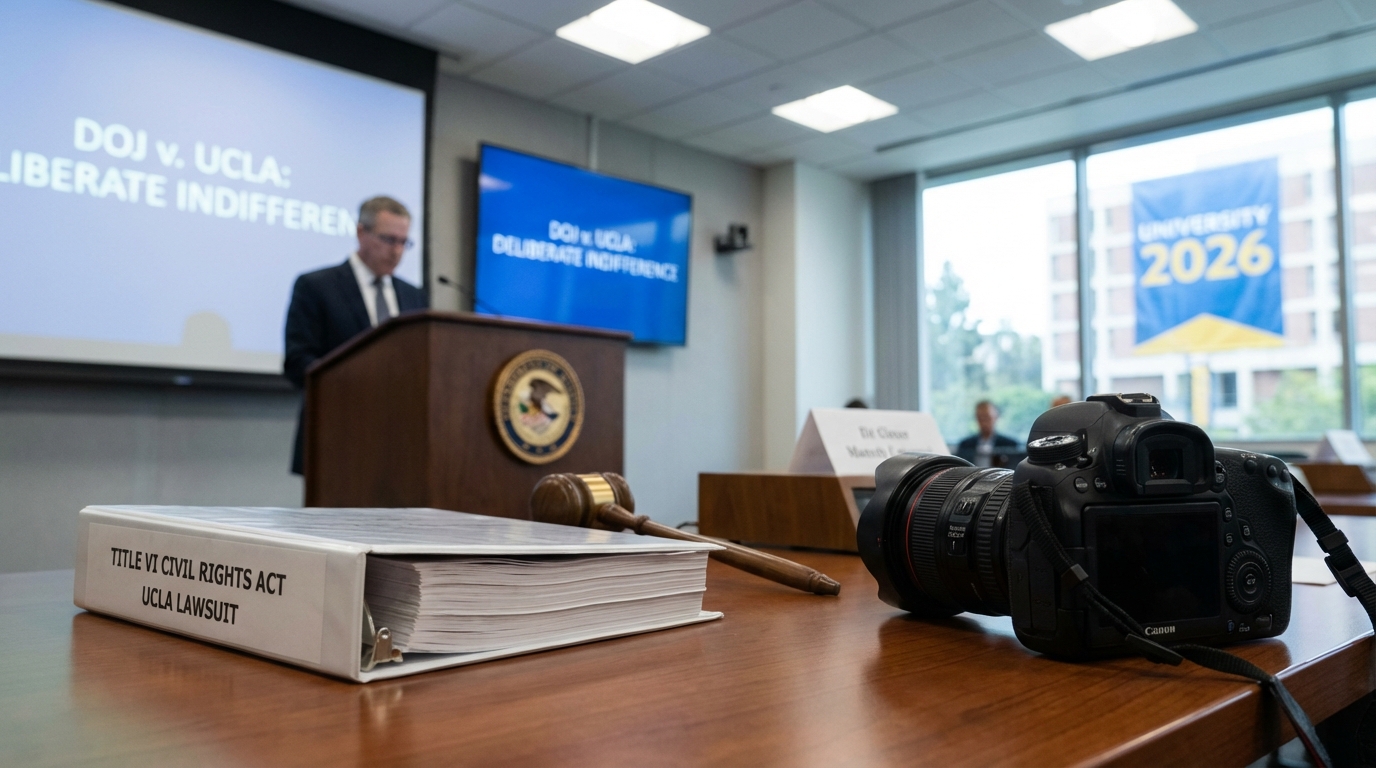 Legal gavel on law books with a courthouse background representing the DOJ lawsuit