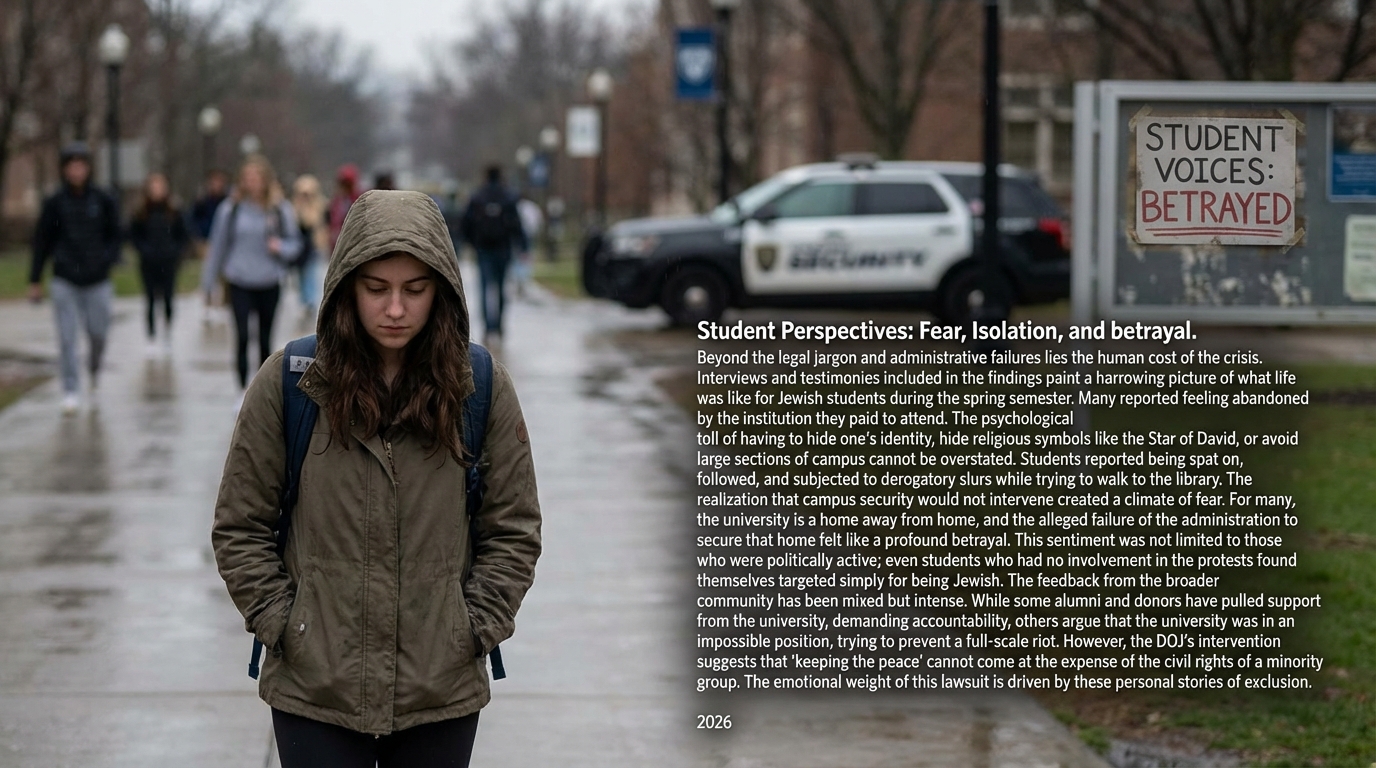A lone student standing in a university hallway representing isolation and fear