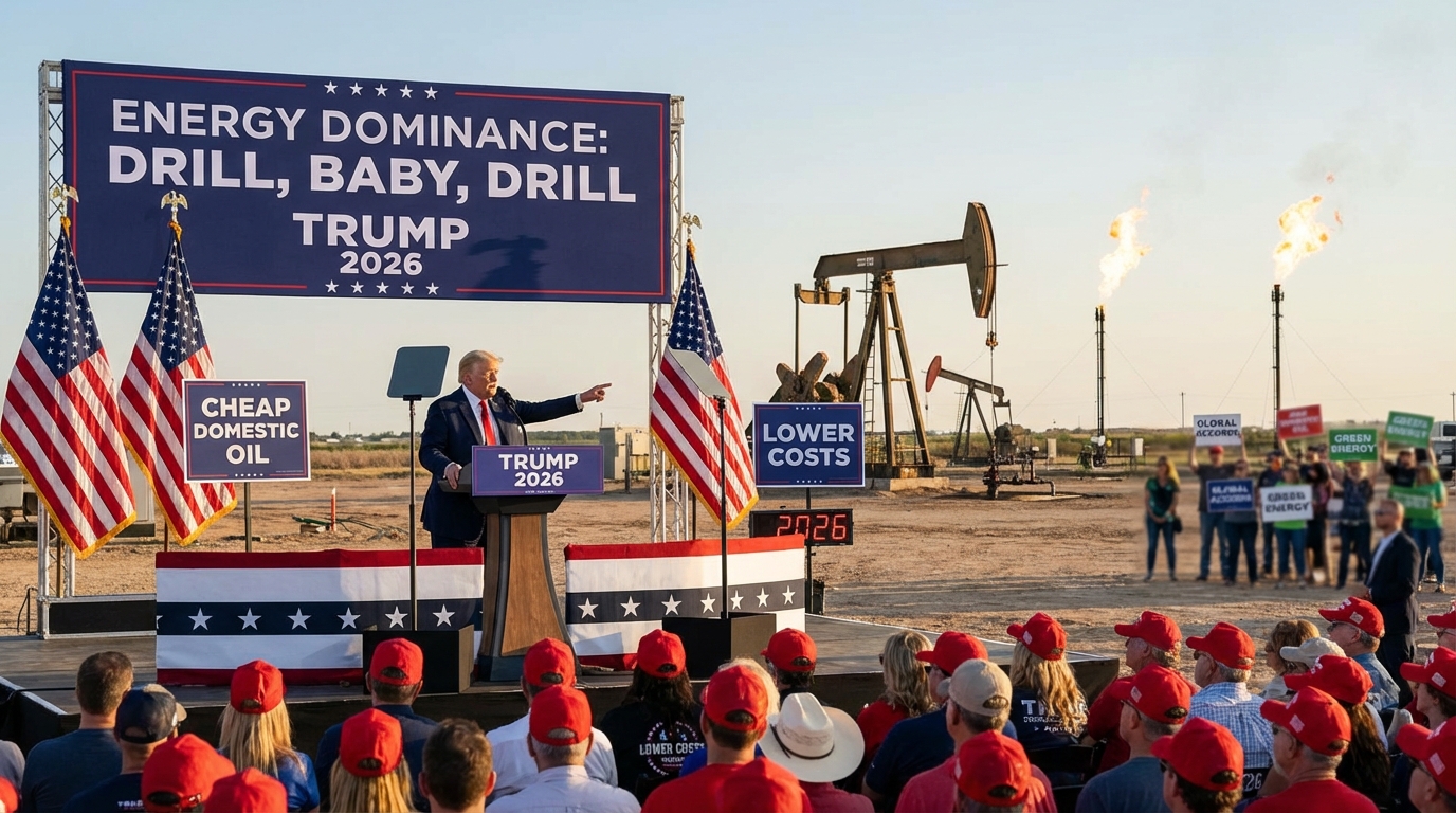 Oil rig at sunset representing energy dominance