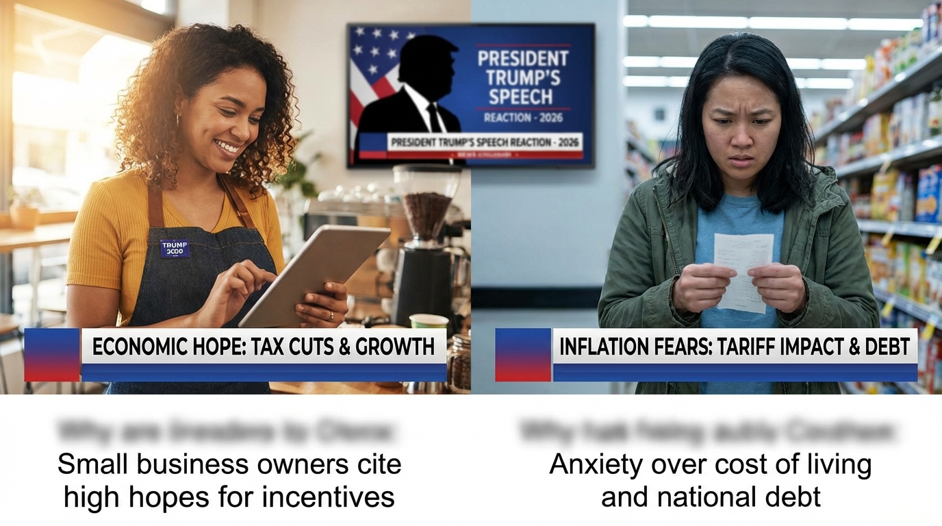 Crowd watching news broadcast with mixed reactions