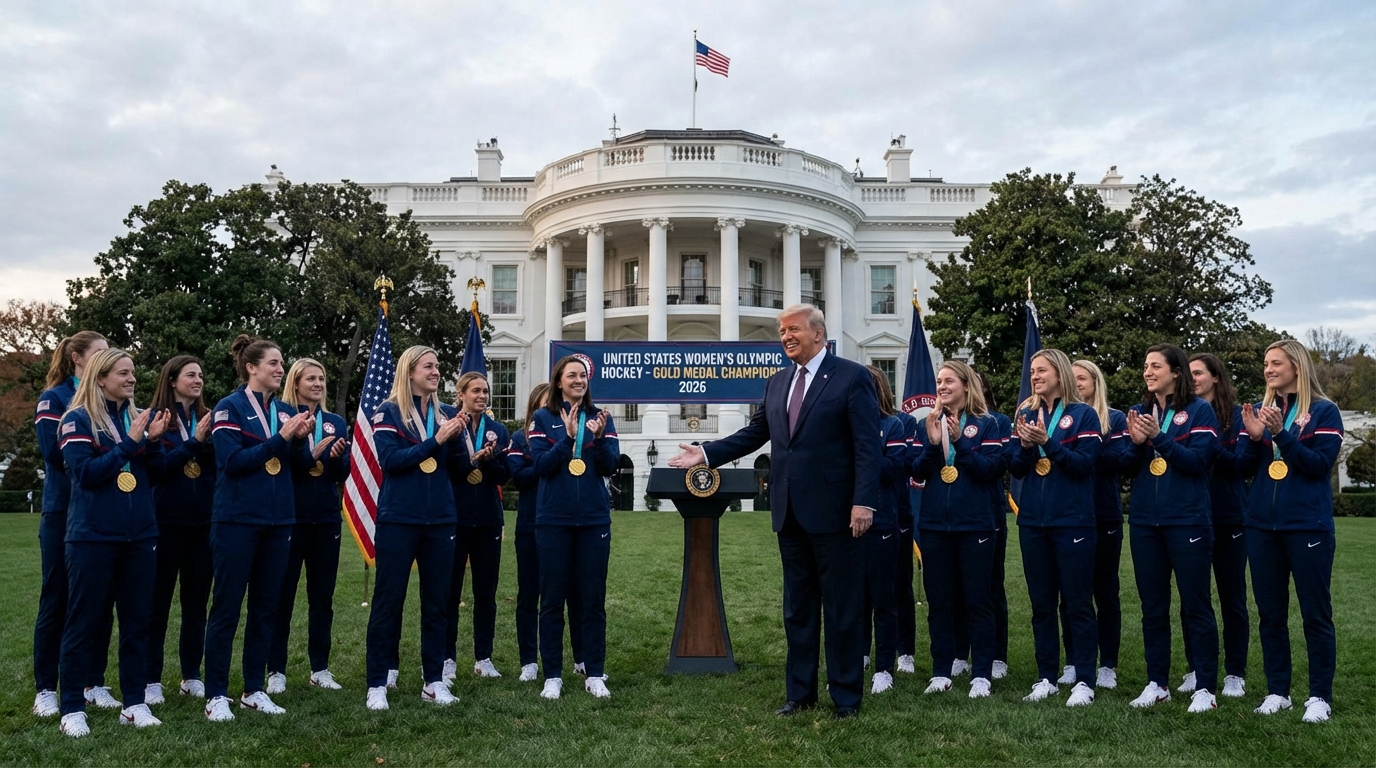 US Women's Hockey Team standing on the White House South Lawn with gold medals.