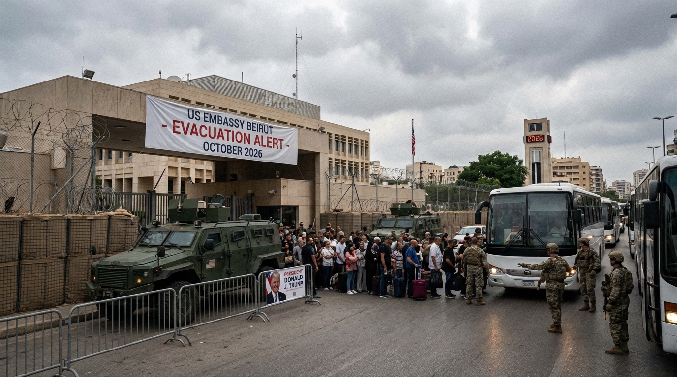 Beirut skyline at twilight with US naval ship silhouette on the horizon