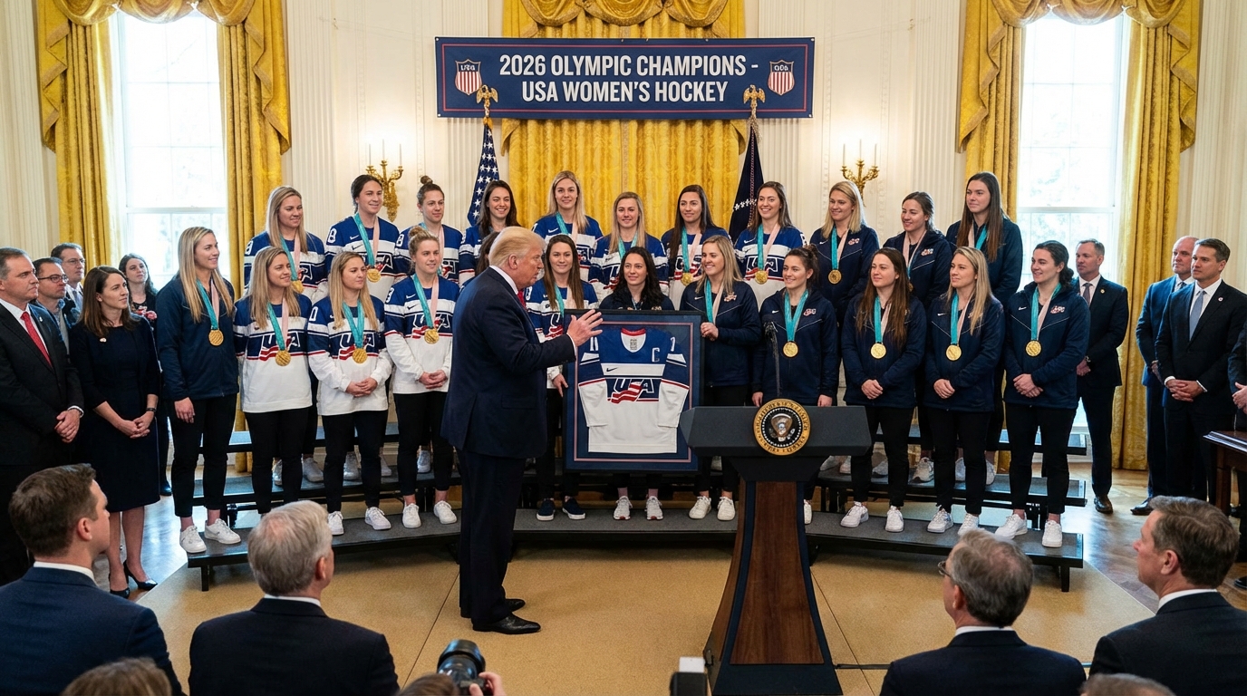 Close up of a Team USA hockey player holding a gold medal in a stadium.
