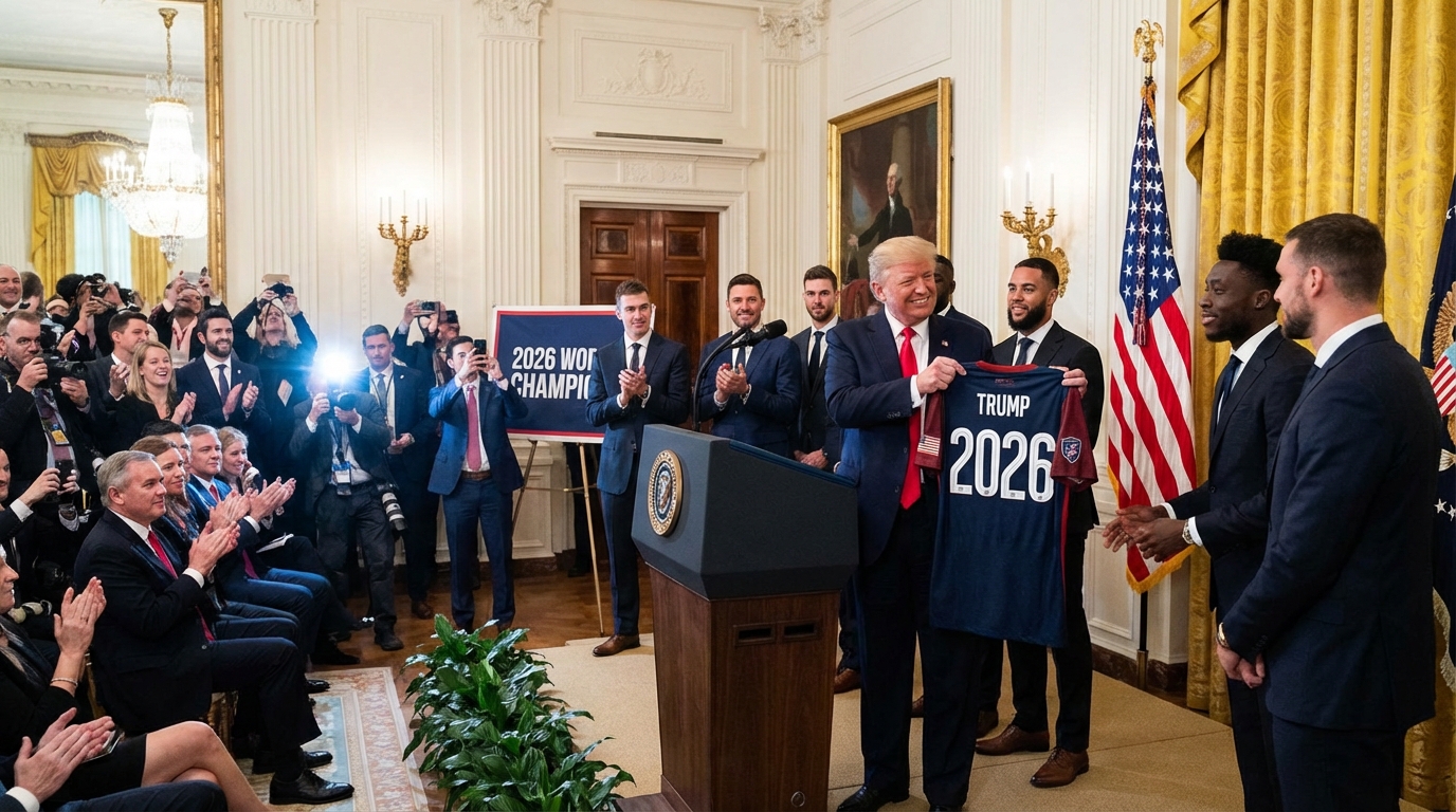 Team USA captain presenting a personalized hockey jersey to President Trump.