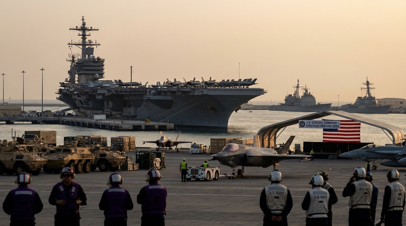 Aerial view of US Aircraft Carrier Strike Group with fighter jets