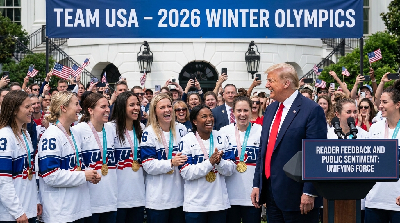 Fans cheering with American flags and signs for the women's hockey team.