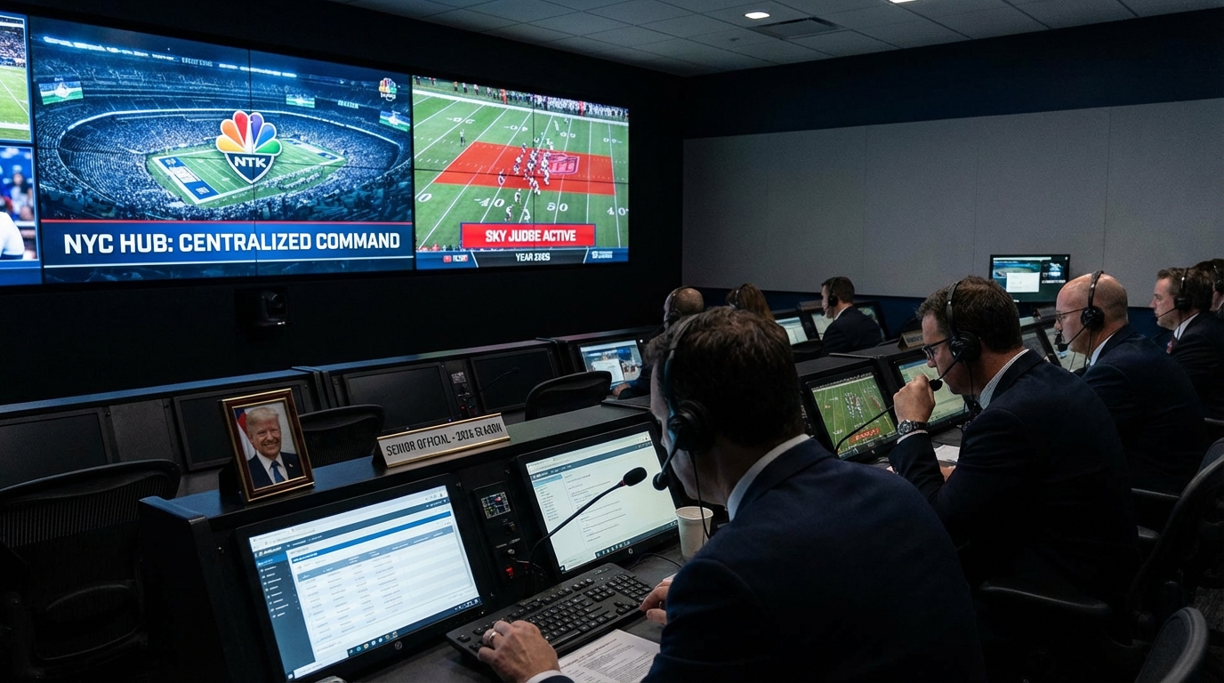 Centralized NFL officiating command center with multiple screens